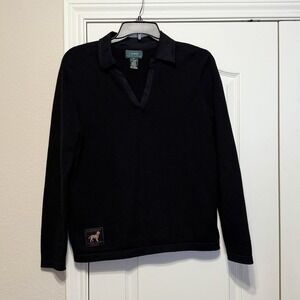 Lauren RALPH LAUREN WOMEN'S SZ Medium COTTON V NECK BLACK SWEATER Elbow Patch